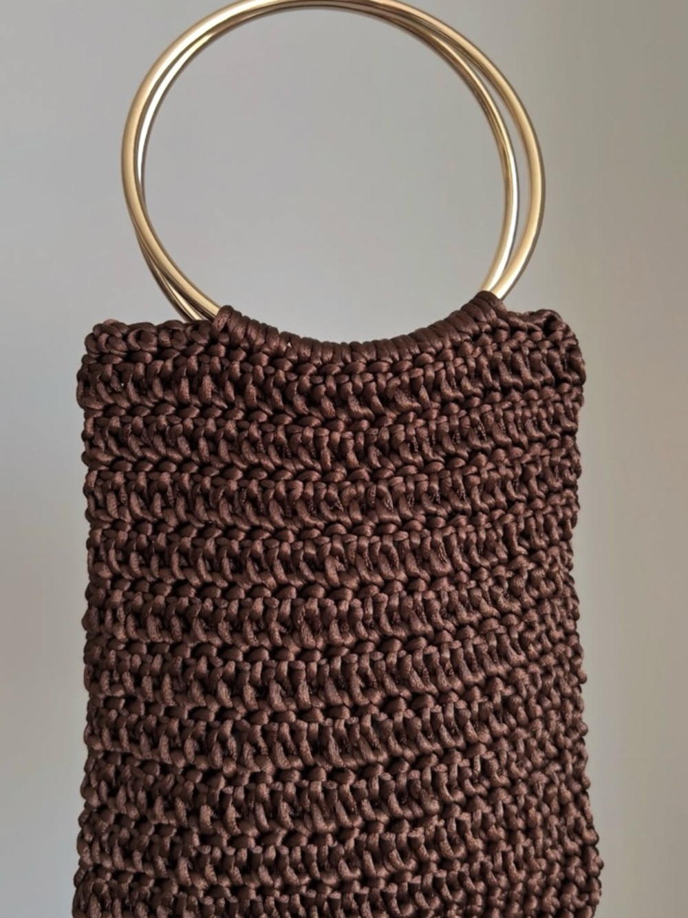 Handwoven Brown Crochet Tote with Gold Ring Handles